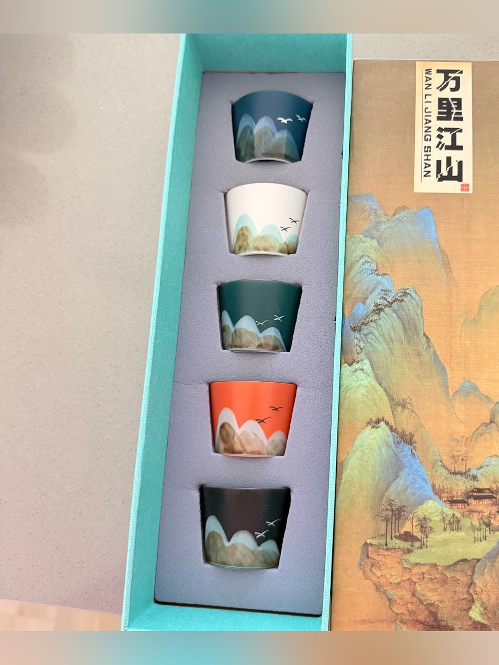 Chinese Wan Li Jiang Shan Sake Tea Cups Set of 5 Porcelain Art Asian Art Gift